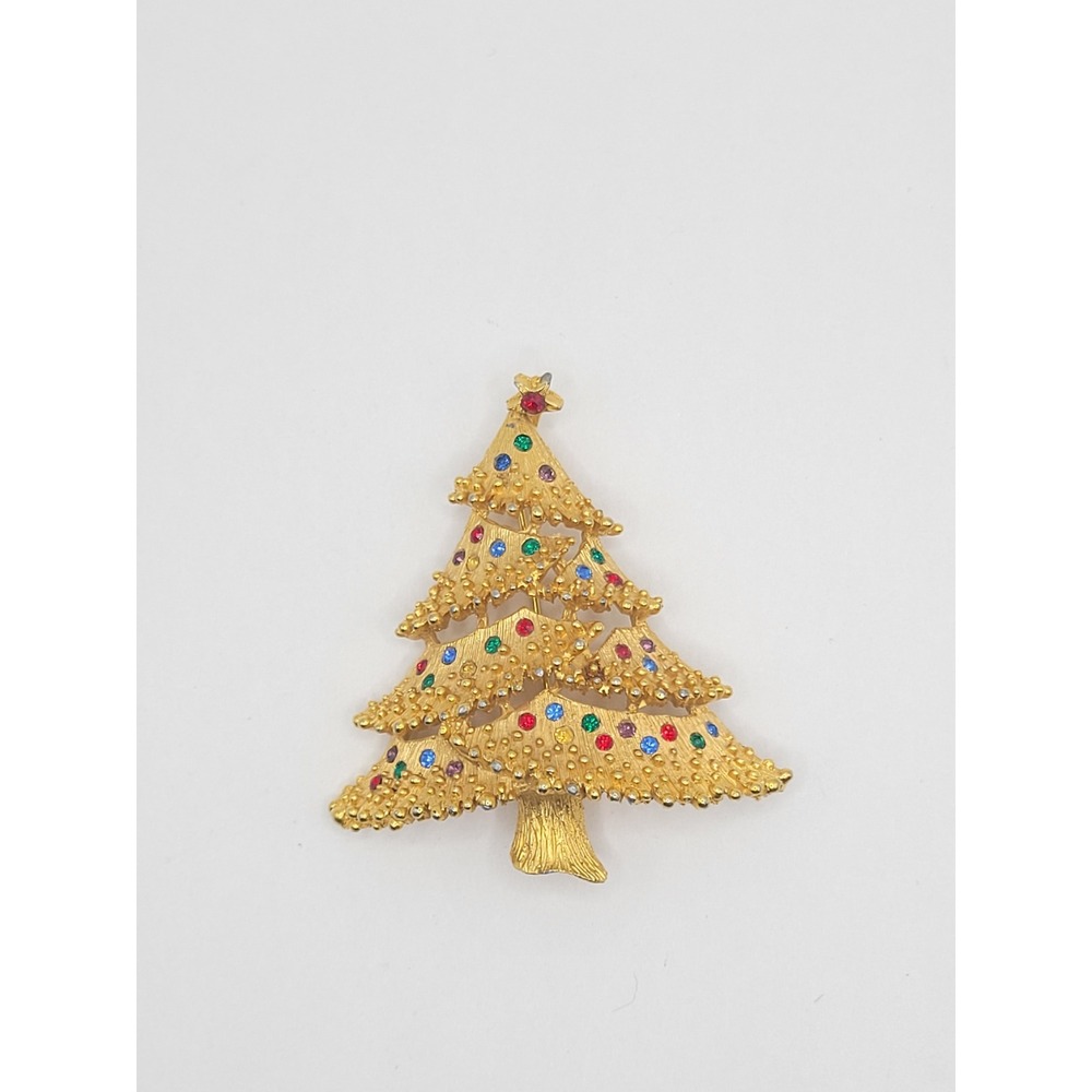 Vintage Gold Tone Christmas Tree Brooch Multi Color Rhinestone Holiday Pin Star
